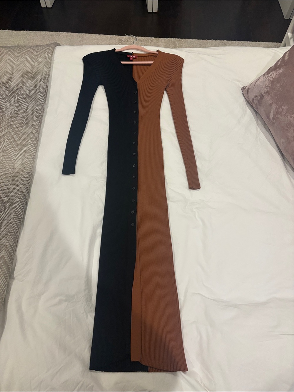 STAUD Two-Tone Black & Brown Ribbed Button-Front Maxi Dress